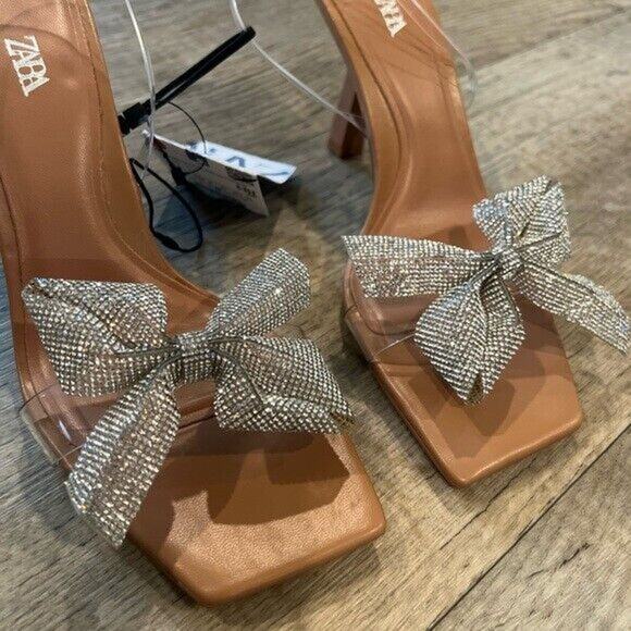 ZARA Embellished Bow Heels NWT – Vinyl Sandals with Rhinestone Detail, Sz 8 & 10 - Picture 13 of 16